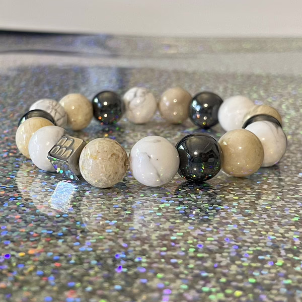 mix Chrysanthemum Fossil Coral & Hematite & Howlite 12mm Bracelet1 copia2